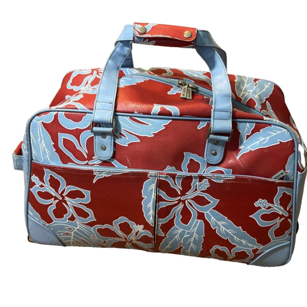 VTG Roxy Red Blue Floral Hawaiian tropical 25” Large Rolling Duffle Bag luggage - Picture 5 of 16